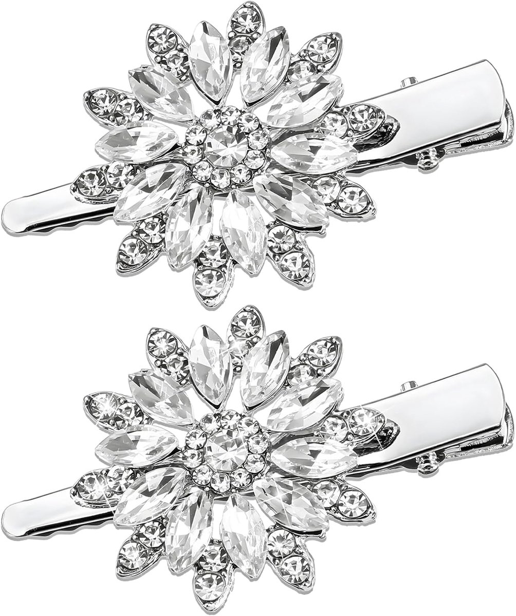 SnelShoppen - 2 Stuks Sprankelende Strass Haarclips met Enkel Bloem Motief, Zilveren Kristallen Metaal Alligator Clips, Bling Franse Haaraccessoires v