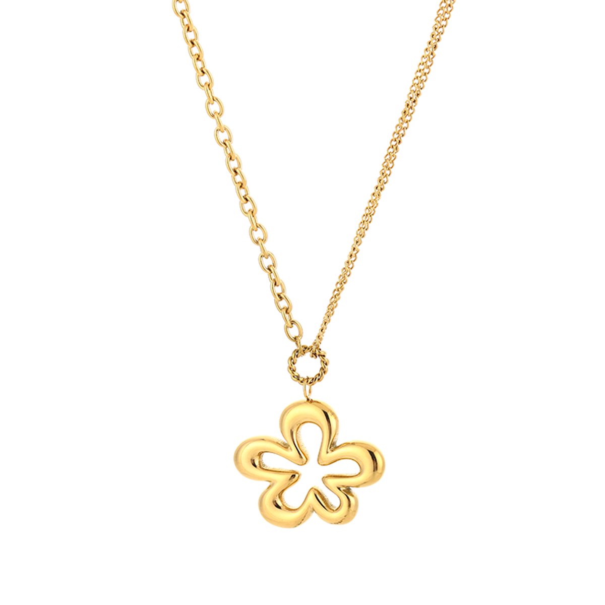 Modieuze Roestvrij Stalen Ketting - Gelaagde Schakelketting met Abstracte Bloemhanger - Stainless Steel Sieraad - Goud