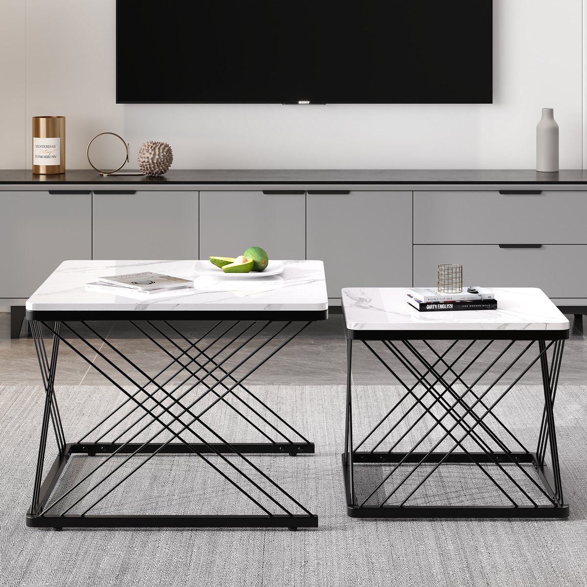 COVREO 2-delige salontafelset 60x60x45 cm en 45x45x40 cm zwart wit MDF met verstelbare voeten