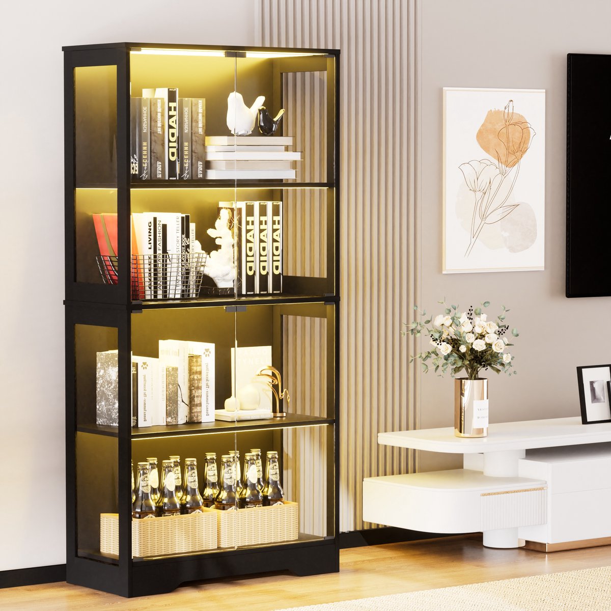 COVREO Glasvitrine 80 x 35 x 165 cm zwart MDF en glas met 4 niveaus en LED-verlichting