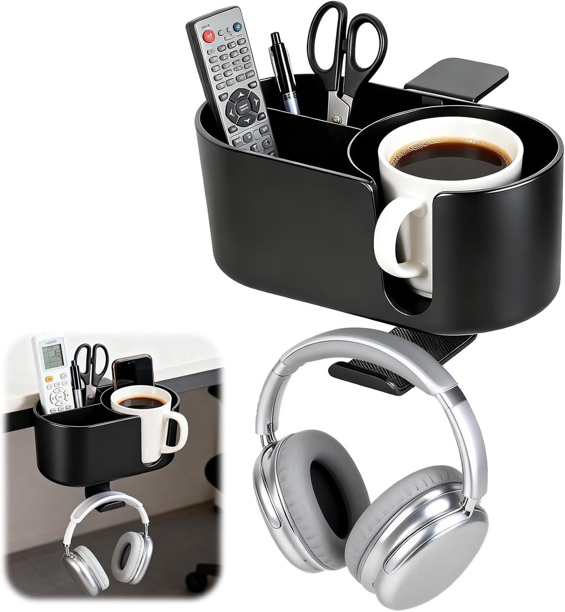 KZQ 4-in-1 deskbekerhouder met koptelefoonhaak en pennenhouder - Klemvast en afneembaar voor kantoor bureau en boot - Organizer voor rommelvrij werken - Zwart