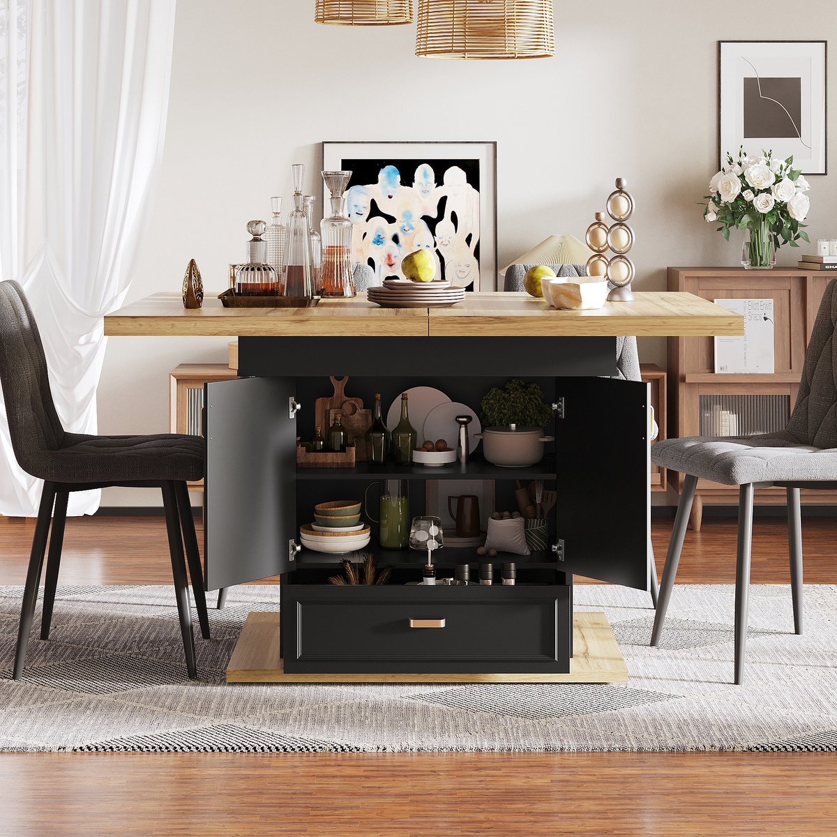 COVREO Uitschuifbare eettafel 110-140 cm - 80 x 75 cm - natuurhoutlook MDF en metaal - opbergruimte