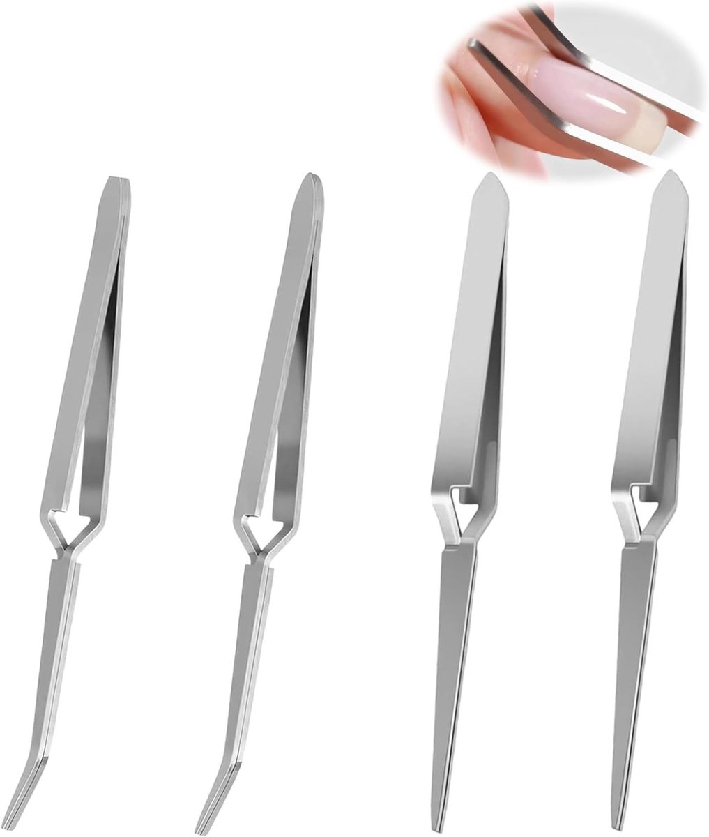 Set van 4 RVS Kruisvormige Pincetten voor Nagels, Lassen en Creatieve Projecten - Recht en Gebogen Pincetten voor Sieradenmaken en Handwerk