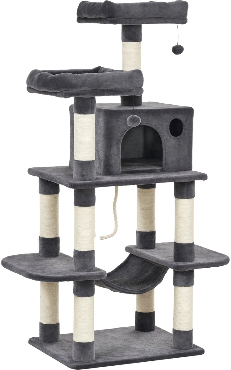 Kattenboom met Kattenhuis, Hangmat, Sisal Palen & Speelbal – Donkergrijs