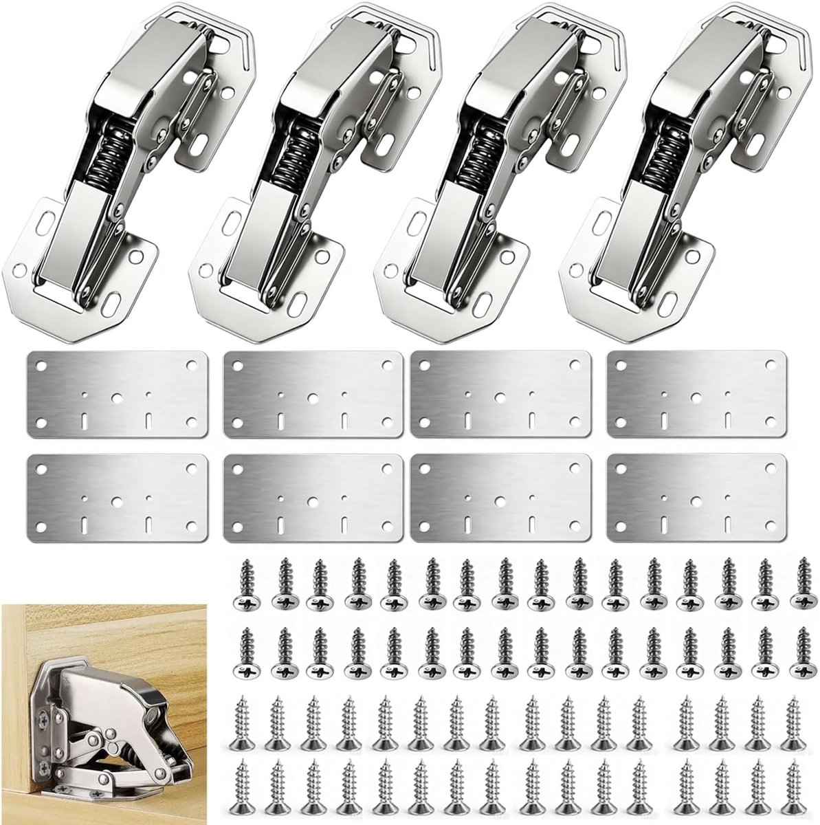 Meubelscharnieren voor kastdeuren, roestvrij staal, 90 graden opbouwscharnieren, reparatieset, 4 sets voor houten meubels en kasten (12 stuks)