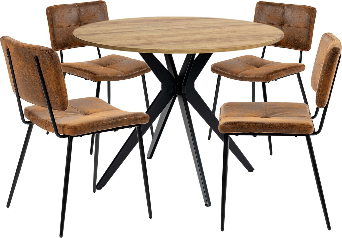 Eethoek - Ronde Eikenlook Tafel Met 4 Faux Suède Stoelen - Bruin