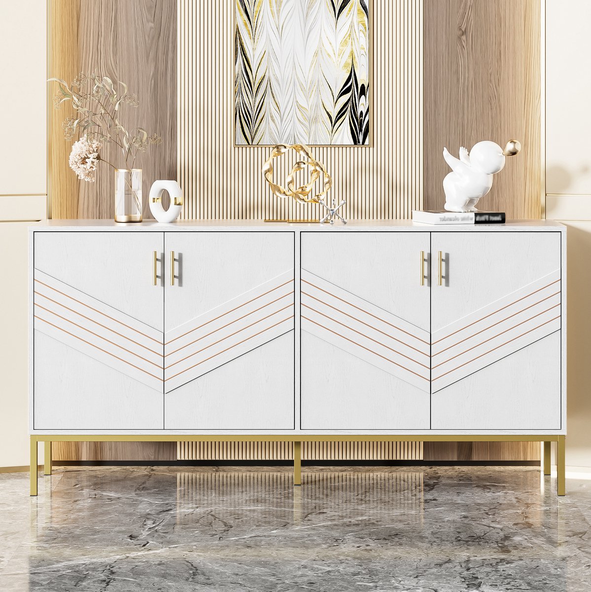 COVREO Dressoir 160x40x80,5 cm – wit met houtlook, 4 deuren, 2 verstelbare planken