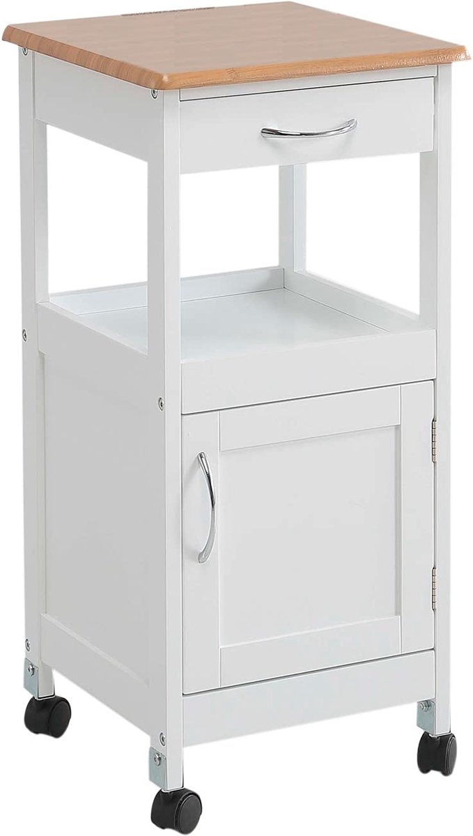 SnelShoppen - Keukentrolley met Deur en Lade, Houten Keukenopbergkast in Wit, Compact 37 x 37 x 76 cm, Ideaal voor Keuken, Eetkamer, en Opbergruimte