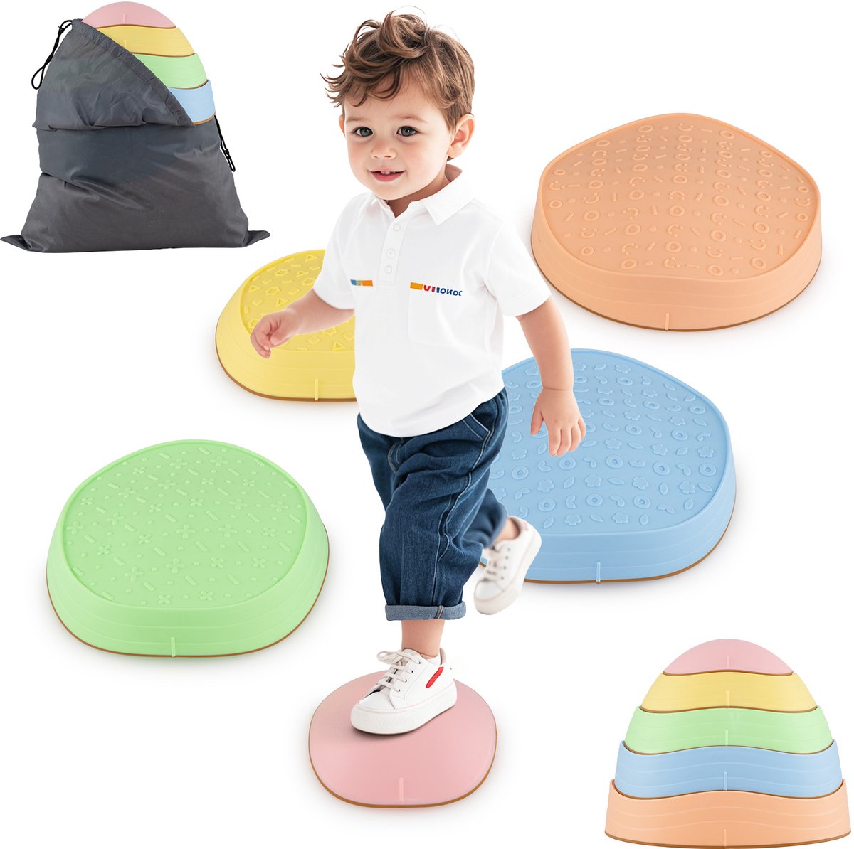 COSTWAY Set van 5 balanceerstenen voor kinderen, stapelstenen, antislip, met opbergtas, rivierstenen voor binnen en buiten, stepping stones, tot 80 kg belastbaar, treden vanaf 3 jaar