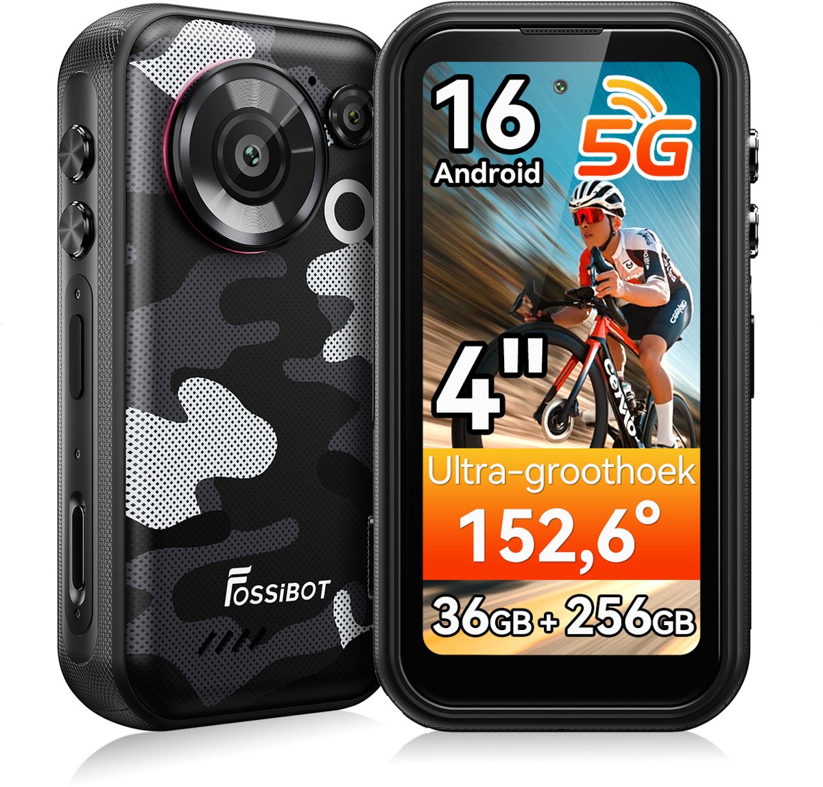 FOSSiBOT F116 Pro 5G Robuuste Smartphone - 4,0" IPS mini telefoon - 36 GB RAM - 256 GB ROM - Android 16 - 48 MP groothoekcamera met een beeldhoek van 152,6° - Grijs