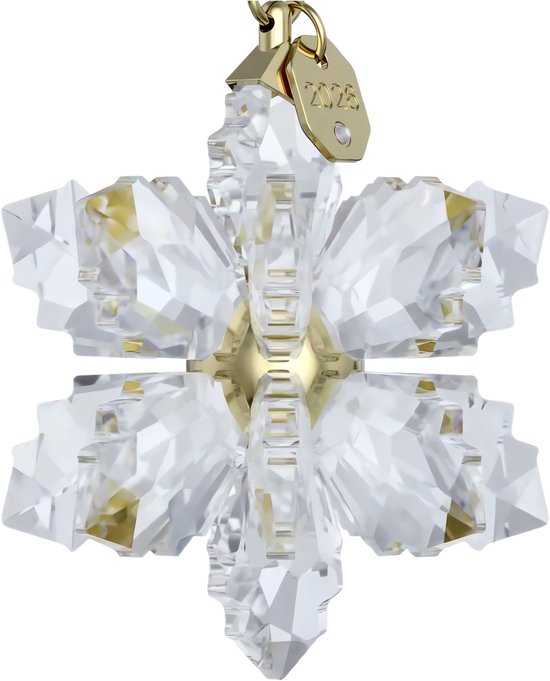 Gouden sterornament van geslepen kristal met witte band en jaartal 2023. Een hanger met gouden merkteken.