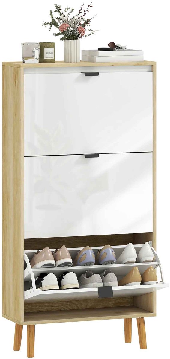 Casa Living Schoenenkast - Voor 18 Paar Schoenen - 3 Kantellades - Hoogglans Deuren - Smal Design - Modern Opbergmeubel - Wit