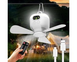 Draagbare plafondventilator voor op de camping - Kampeerfan - Met verlichting en afstandsbediening - USB - 3 windsnelheden - Plafondventilator met verlichting - Geschikt voor buitenactiviteiten, kamperen, kantoor en andere gelegenheden - Wit
