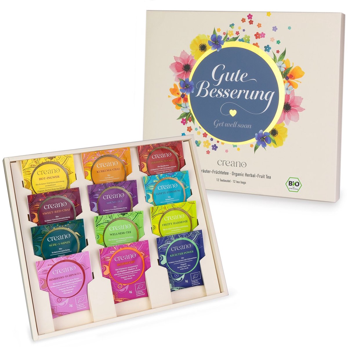 Creano biologische kruidenthee-cadeauset – Beterschap – 12x biologische theezakjes 24 g* | 12 soorten kruiden- en vruchtenthee, cadeau voor vrouwen, theeliefhebbers, ORGANIC HERBAL TEA