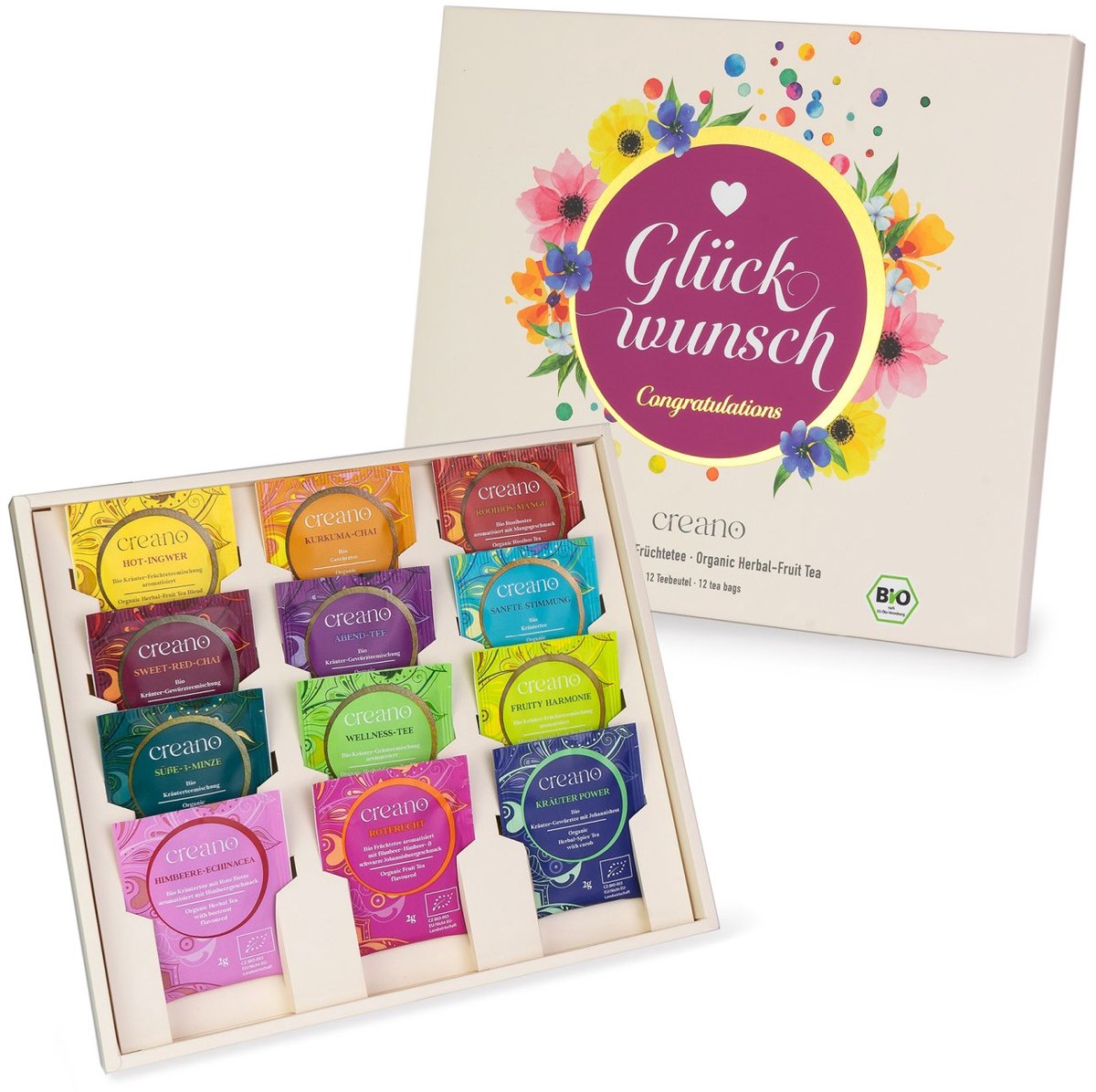 Creano biologische kruidenthee-cadeauset - 12 biologische theezakjes van 24 g* (felicitaties) | 12 soorten kruiden- en vruchtenthee, cadeau voor vrouwen en theeliefhebbers, ORGANIC HERBAL TEA