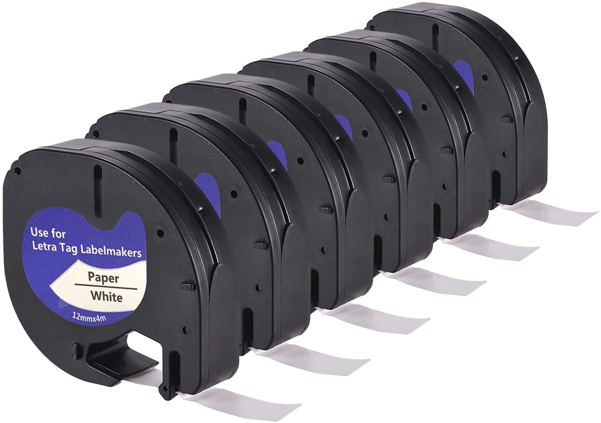 SnelShoppen - 6 Stuks Labeltape 12 mm x 4 mm Waterdicht Zwart op Wit, Compatibel met Dymo LetraTag LT-100H, LT-100T, QX50 voor Organisatie Thuis, Kant