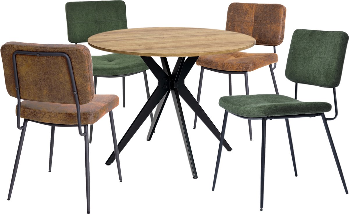 Eethoek - Ronde Houtlook Tafel Met 4 Industriële Stoelen - Bruin/Groen