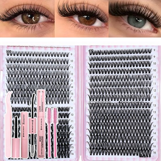 Close-up van drie ogen met kunstwimpers. Een roze etui bevat wimpertools en wimpers.