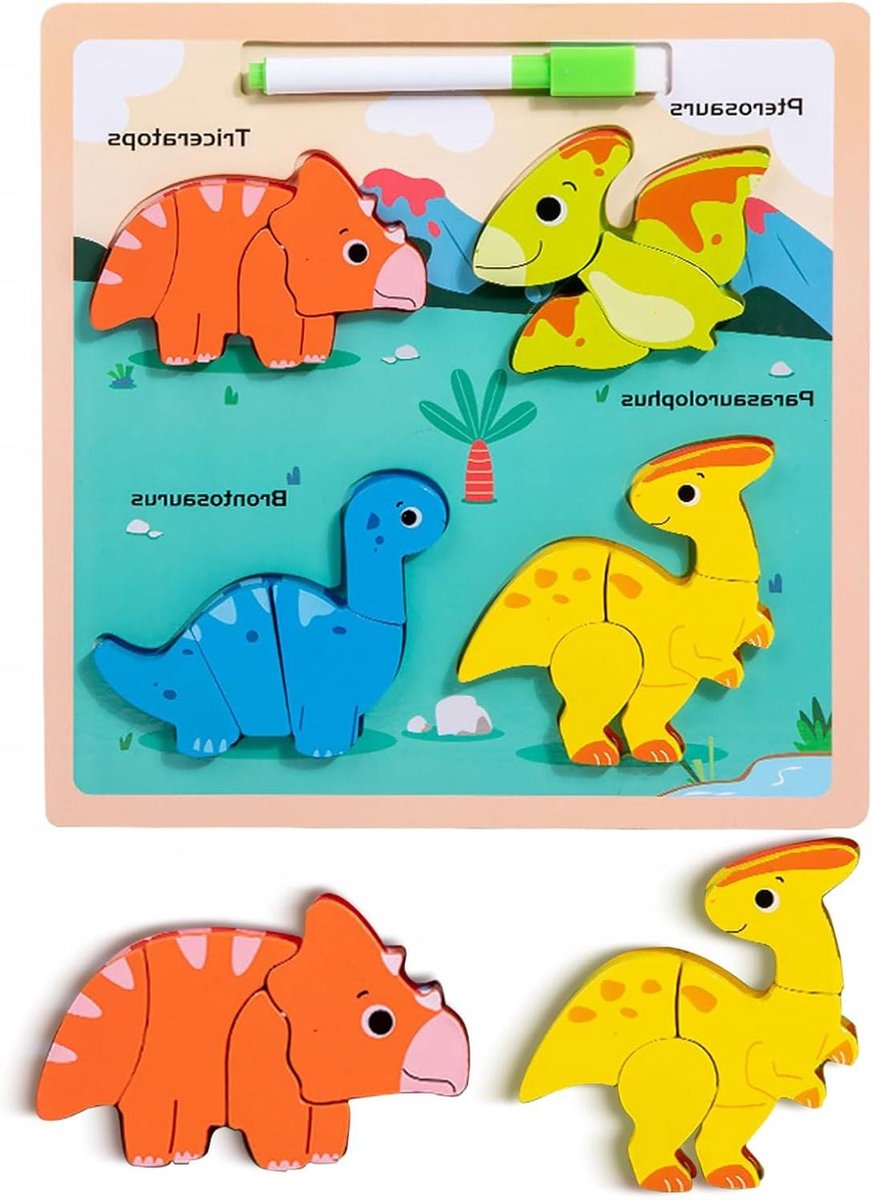 Houten Puzzel - Educatief Speelgoed - Leren en Spelen - Dubbelzijdig Tekenbord - 22 x 22 cm - Multicolor