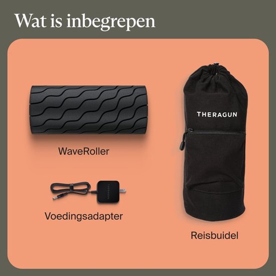 Inhoud van de doos: een zwarte WaveRoller, een voedingsadapter en een zwarte reistas met het Theragun logo.