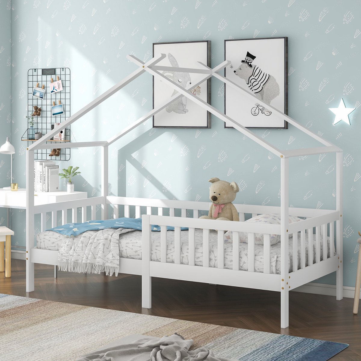 COVREO Kinderbed 205x98x165 cm - wit, FSC-gecertificeerd hout, met uitvalbeveiliging en lattenbodem