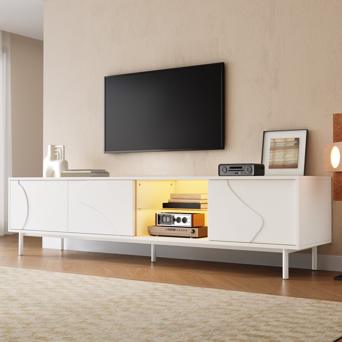 REDOM - Dressoir - Drie schuifdeuren - Uitneembare glazen plank - App-gestuurde LED-verlichting - Minimalistische stijl - Woonkamer - MDF, glas en metaal - Wit - 180 x 40 x 45 cm