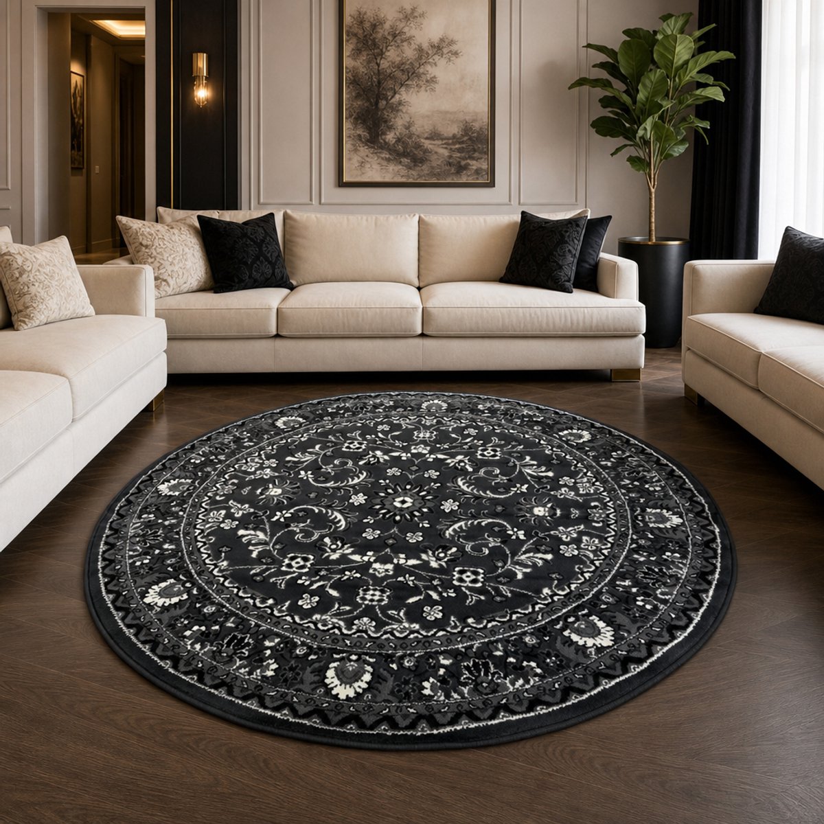 Muratap Nain Klassiek Rond Vintage Oosters Vloerkleed Antraciet Grijs- 240 CM Ø