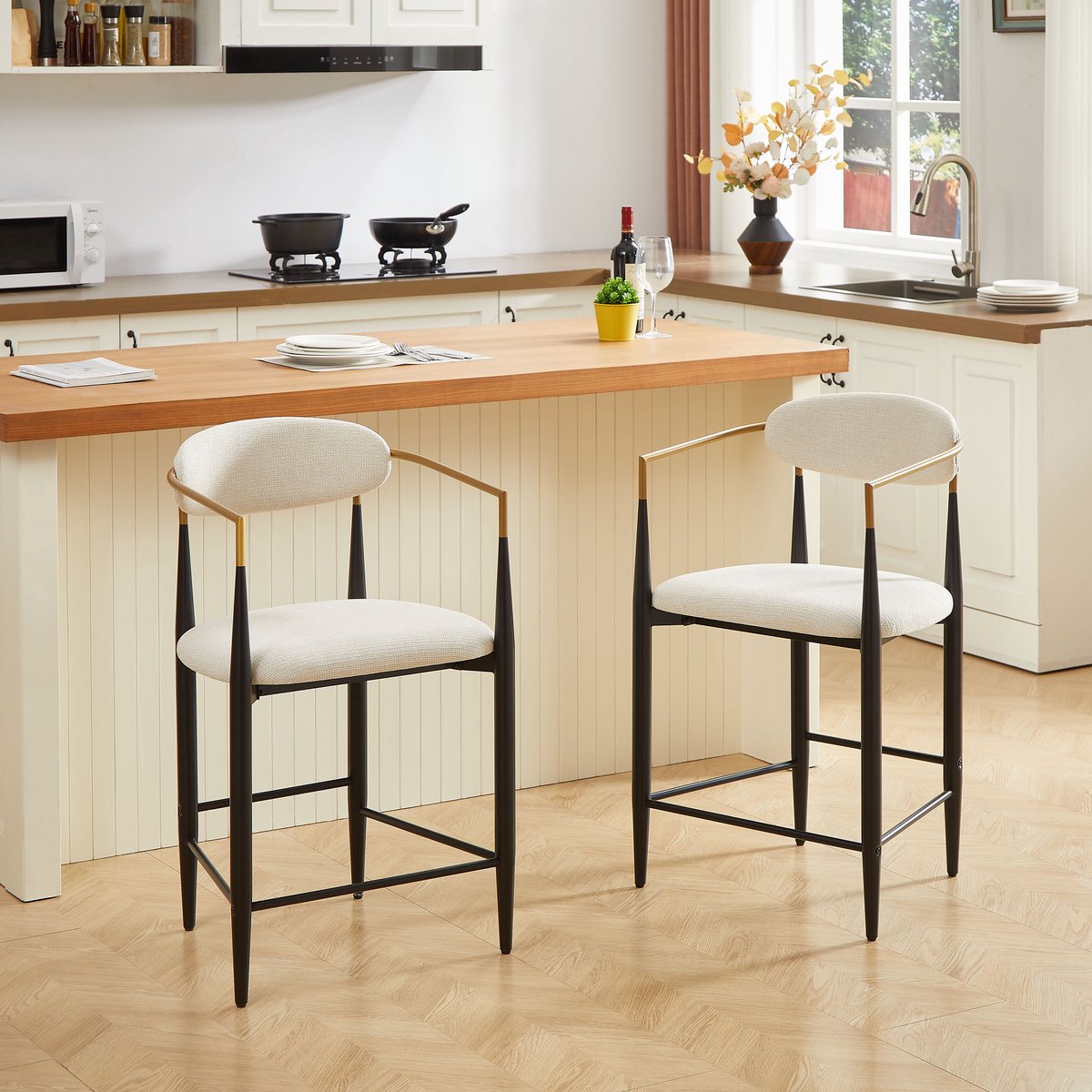 COVREO Barkruk Set van 2 55x59x94 cm – stof, beige, zwart met armleuning