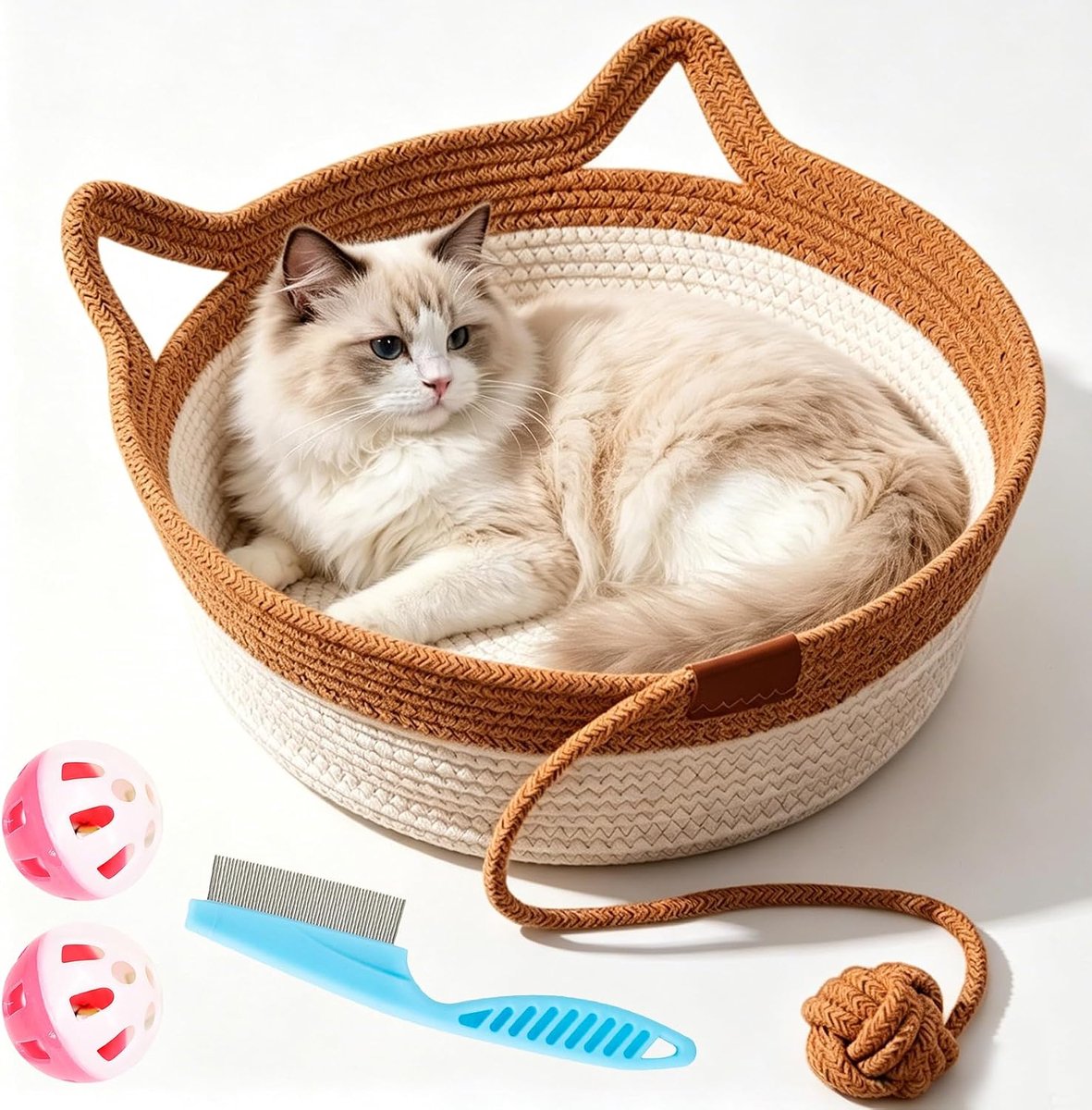 Namajunas - Handgeweven Rieten Kattenmand - Voor Kat of Kleine Hond - Inclusief borstel en 2 interactieve speeltjes met belletjes - 46*16cm - Kattenverzorgingsset - Comfortabel & Duurzaam – Voor Kat of Kleine Hond - Kattenmanden