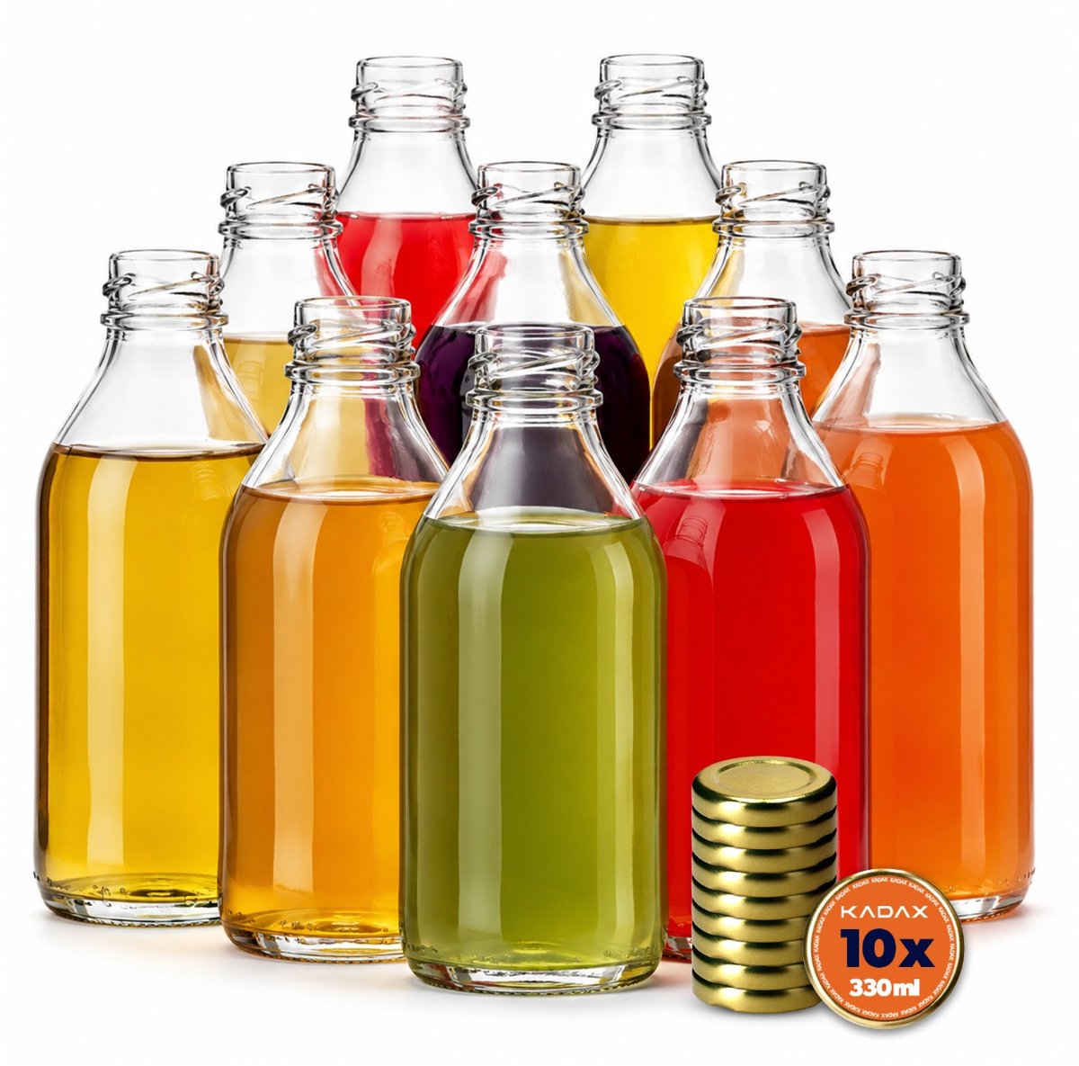 KADAX Set van 10 glazen flessen van 330 ml met schroefdop, goudkleurig – Lege flessen om te vullen met sap, likeur, olie, azijn en siroop, hervulbare glazen flessen