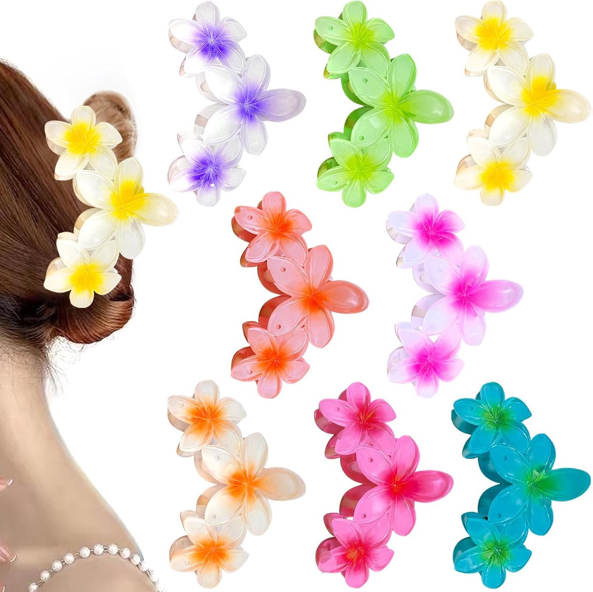 SnelShoppen - 8 Stuks Haarspelden met Bloem voor Vrouwen en Meisjes - Grote, Antislip, Plastic Haarclips voor Dik Haar - Perfect voor Feest, Casual of