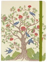 Crème notitieboek met een groene elastieksluiting. De omslag heeft een kleurrijke illustratie van een levensboom met blauwe vogels en rode bloesems.