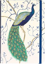 Notitieboek met een illustratie van een pauw. De kaft is crème met blauwe takken en bladeren, de pauw is in blauw en groen.