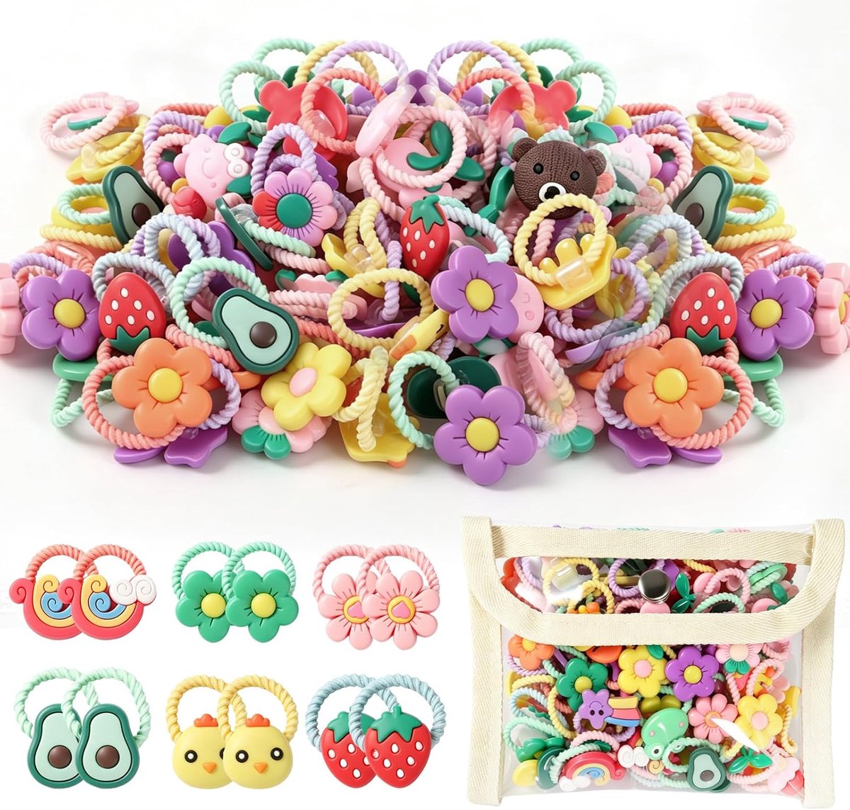 SnelShoppen - Variegated Haar Gummi's voor Meisjes, 100 Stuks Zachte Elastische Zopfgummi's voor Baby's en Peuters met Bows, Dieren, Bloemen en Fruit