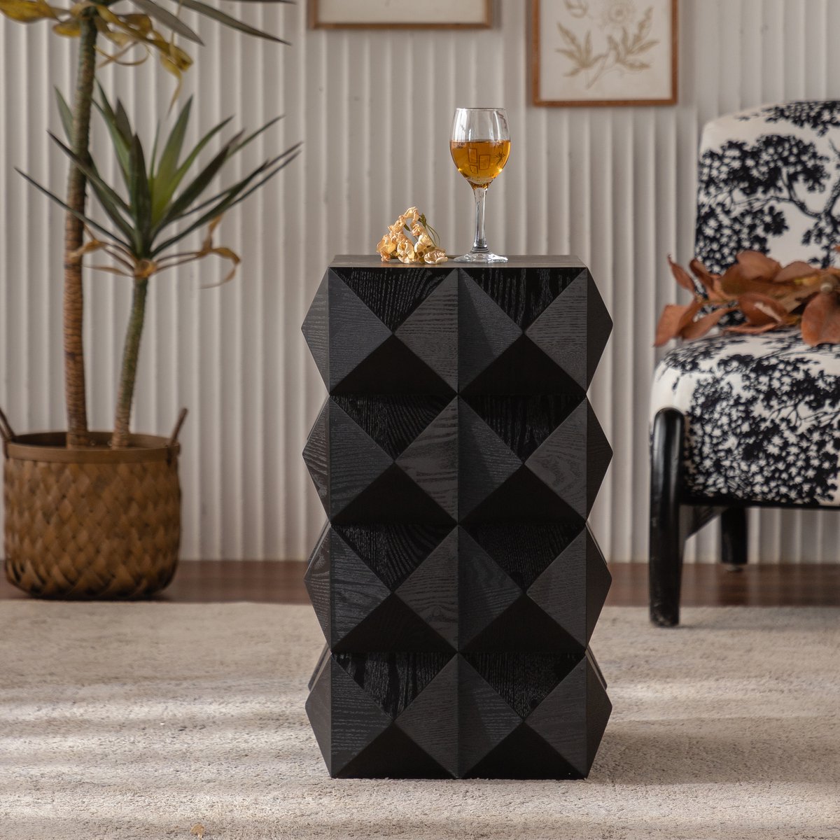 COVREO Bijzettafel 37x37x60 cm - zwart, MDF en hout, 3D reliëf, geen montage nodig
