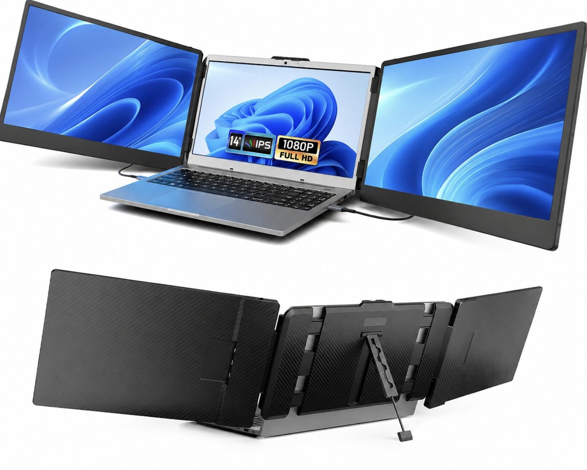 BSS® Professionele Portable Monitor - 14 Inch - Dubbele Laptop Monitor - USB-C & HDMI - Full HD IPS - Laptop Screen Extender - Plug & Play - Zwart