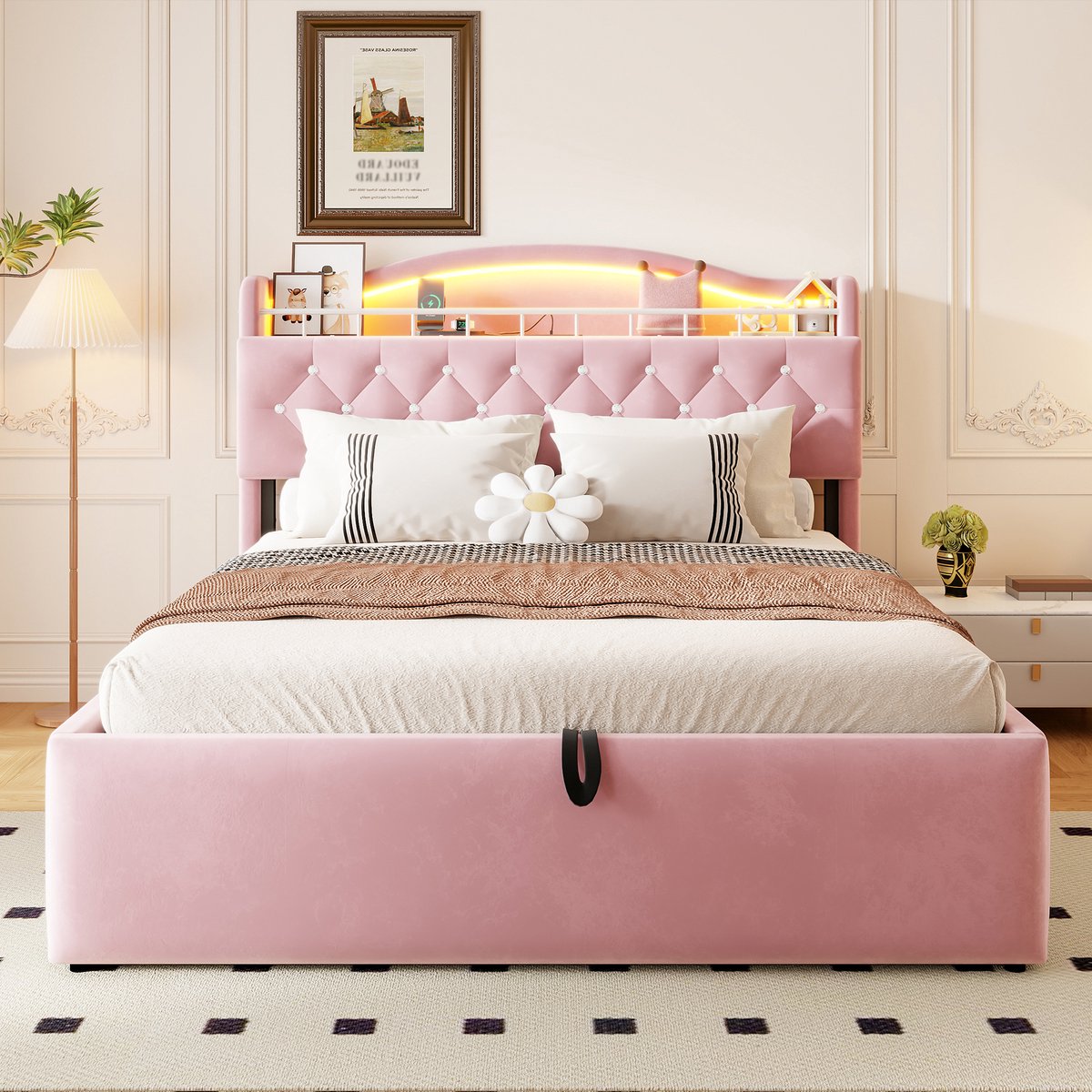 140 x 200 cm gestofferd bed met opbergruimte - met LED-bedlampje - USB- en USB-C-oplaadpoort - roze - zonder matras