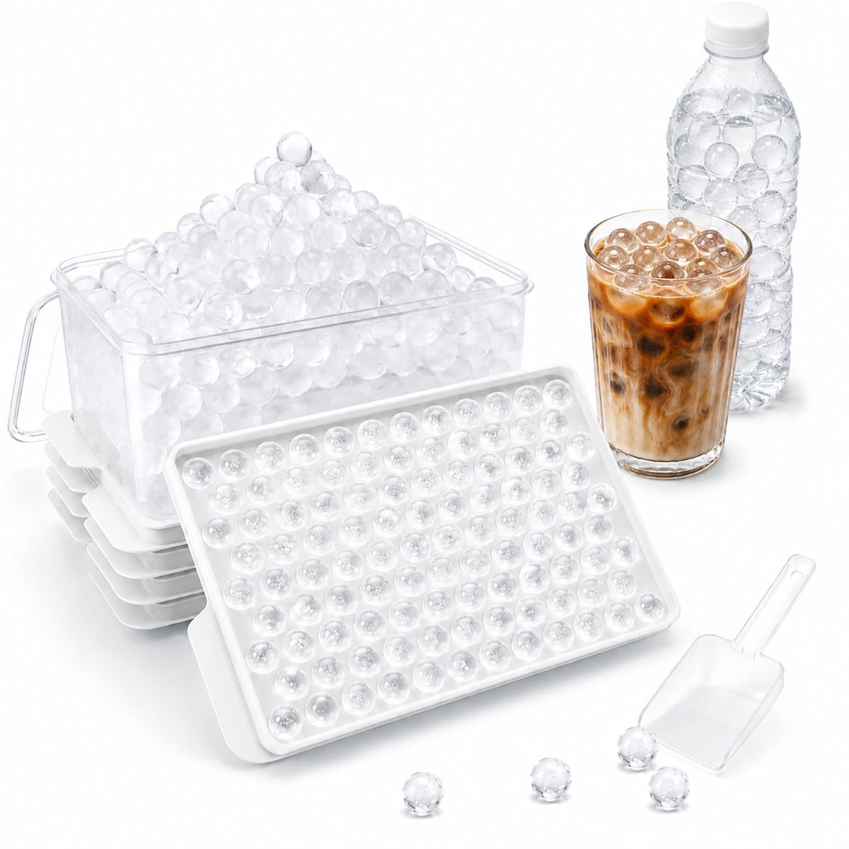 Ryoudavell - Mini Ijsblokjesvorm 4 Stuks - Siliconen Ijsblokjeshouder voor Kleine Ijsballen - Ijsblokjes Vorm Snelle Invriezing voor Ijskoffie - Stapelbaar met Deksel en Grote Bewaarbox met Ijslepel - Kleine Ijsblokjesvorm Rond - Wit