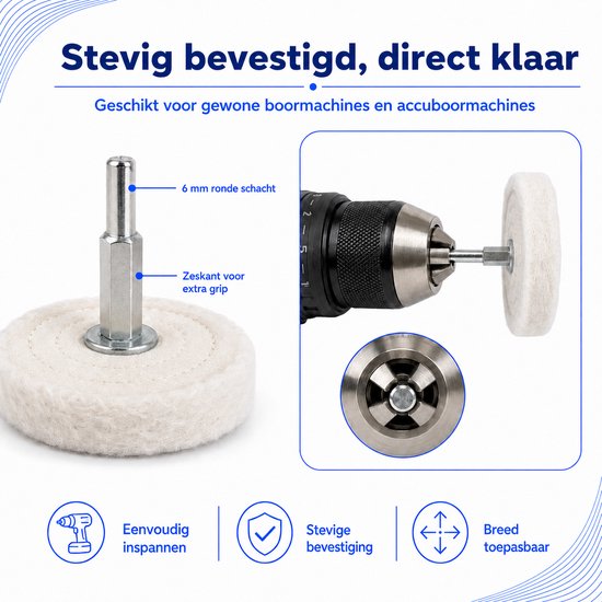 Gedetailleerde weergave van een polijstkop met 6mm zeskant schacht, bevestigd aan een boormachine.