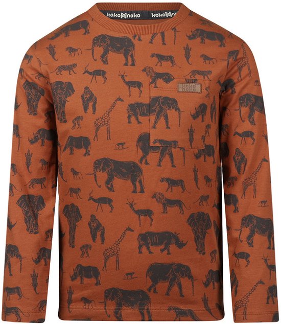 Bruin shirt met lange mouwen en een all-over print van silhouetten van wilde dieren zoals olifanten en giraffen.