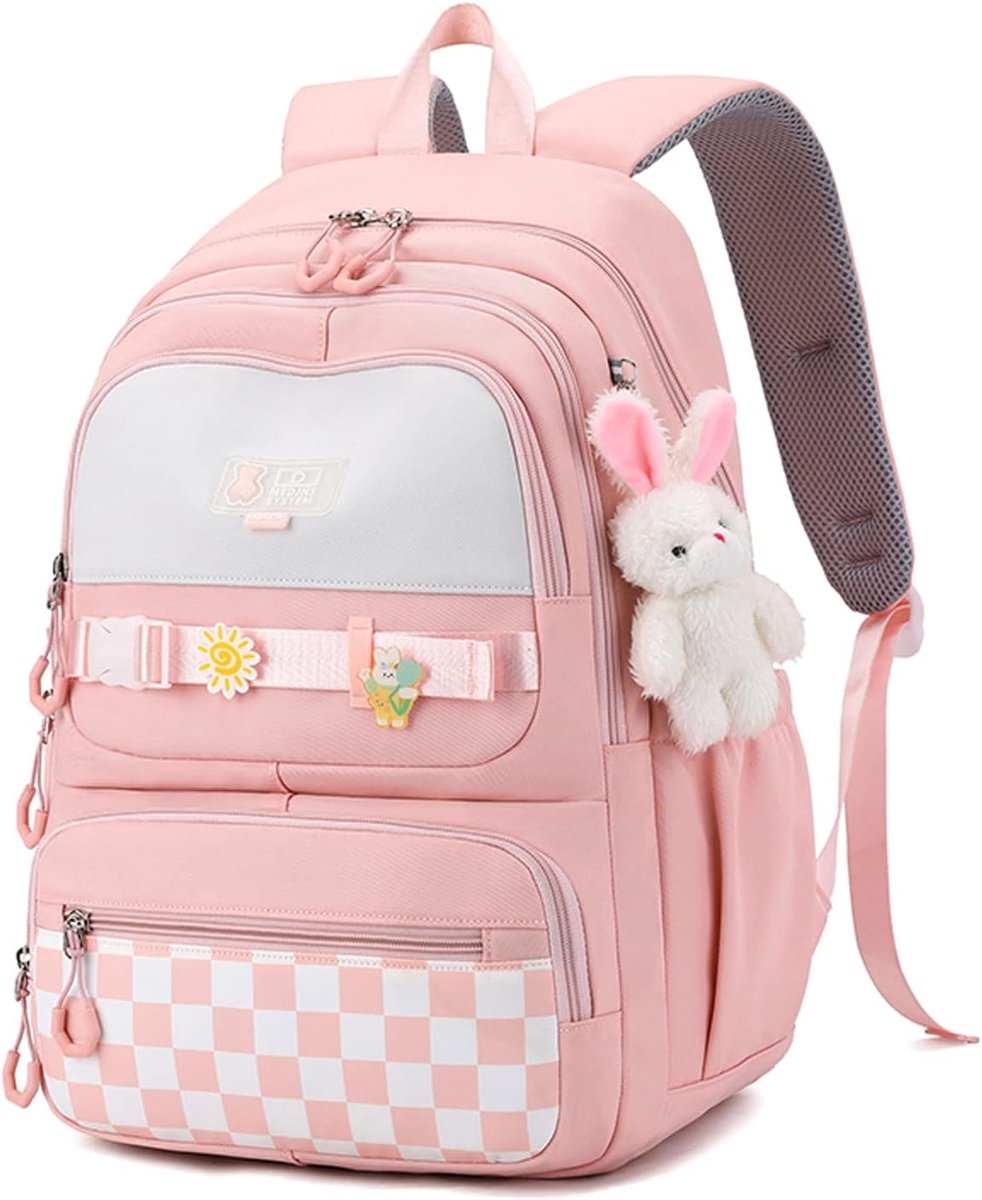 Kawaii Geruite Tiener Rugzak met Konijn Knuffel Sierhanger - Schattige Lichtgewicht Schoolrugzak voor Tieners - Meervaks Waterbestendige Studententas voor Middelbare School