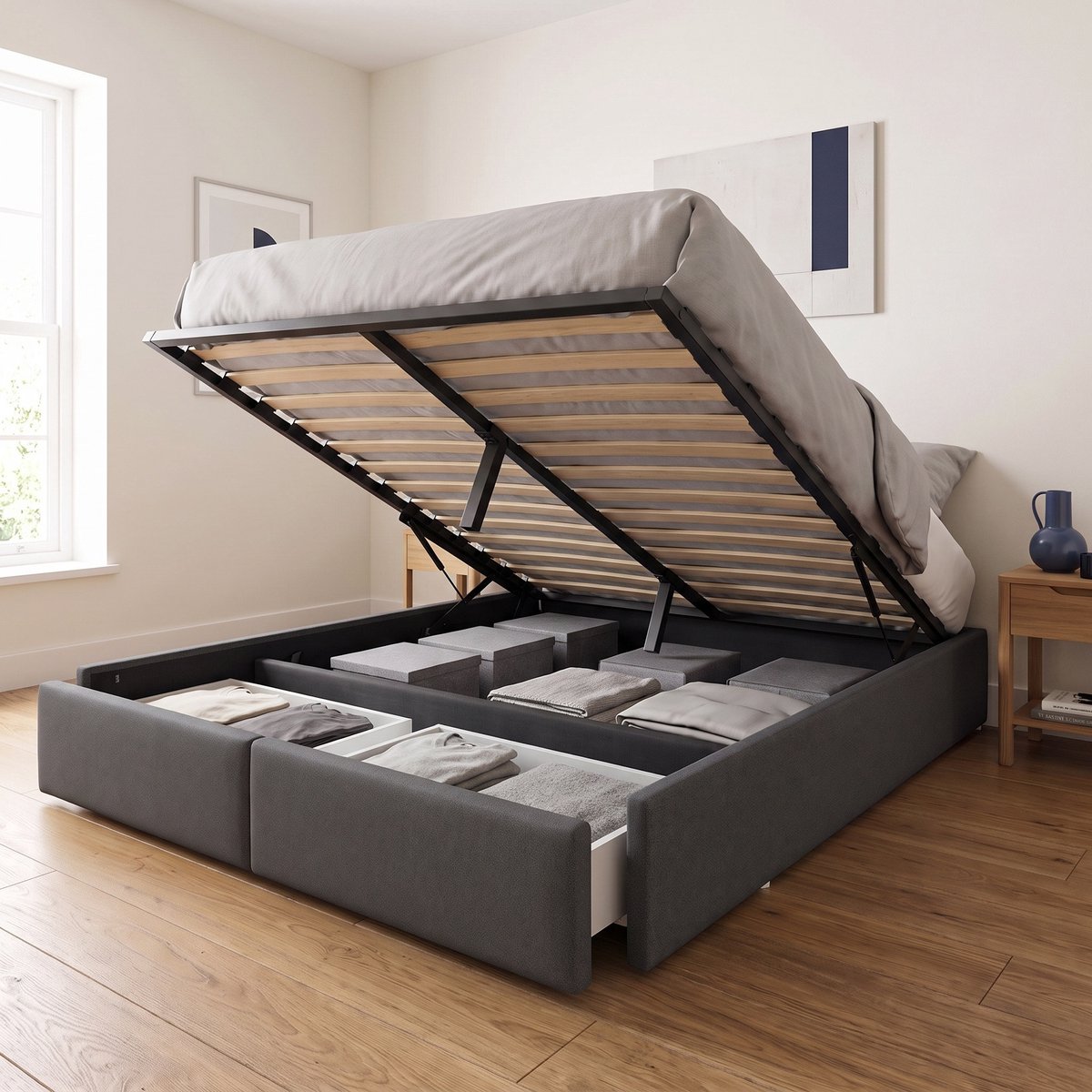 Gestoffeerd Opbergbed 140x200 cm - Tweepersoonsbed met hydraulische opbergruimte en 2 lades - zonder hoofdbord - Linnen - modern - Grijs