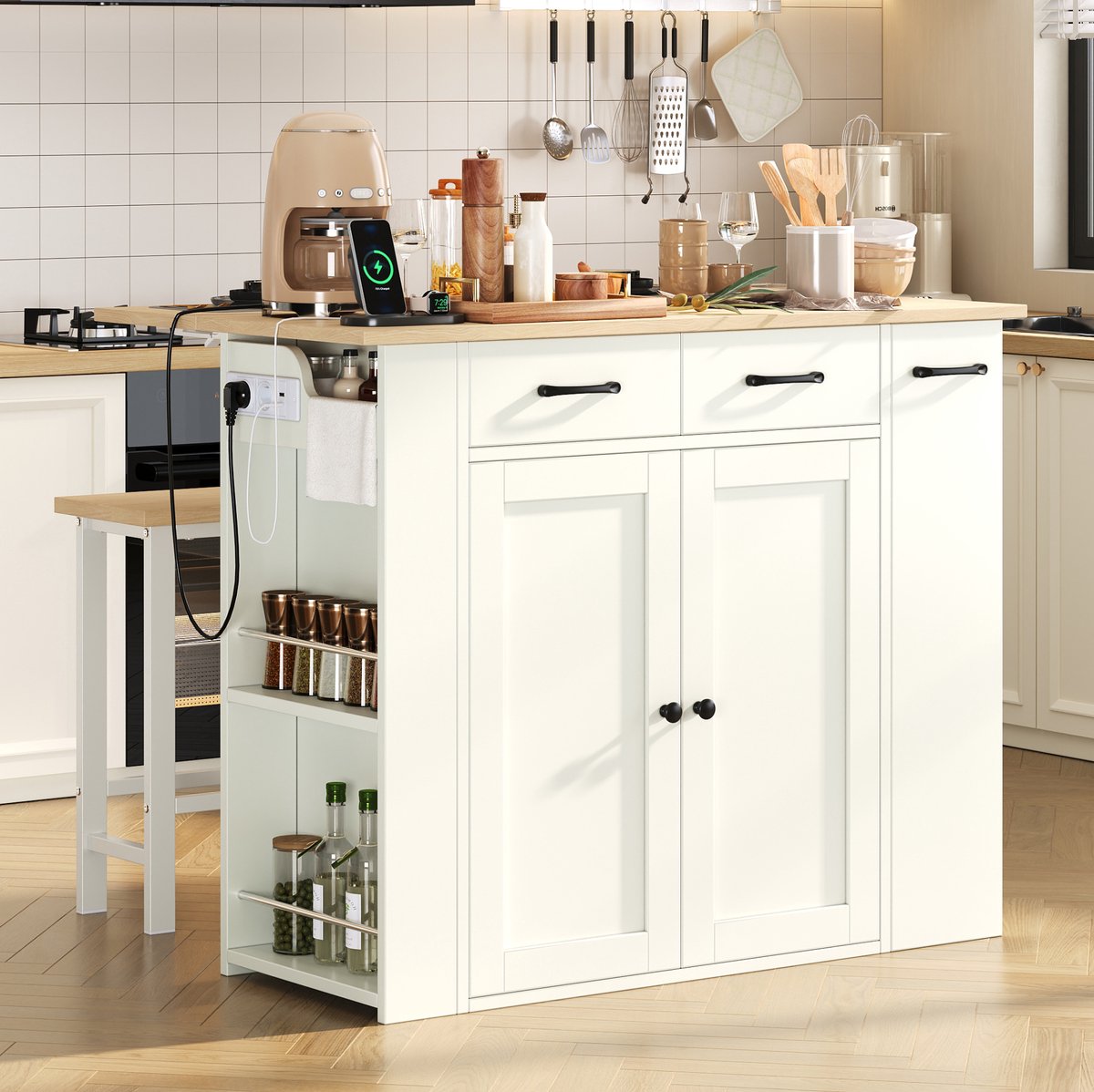 COVREO Keuken eiland set 120x45-75x96 cm – wit, met 2 krukken, opbergruimte en stopcontacten