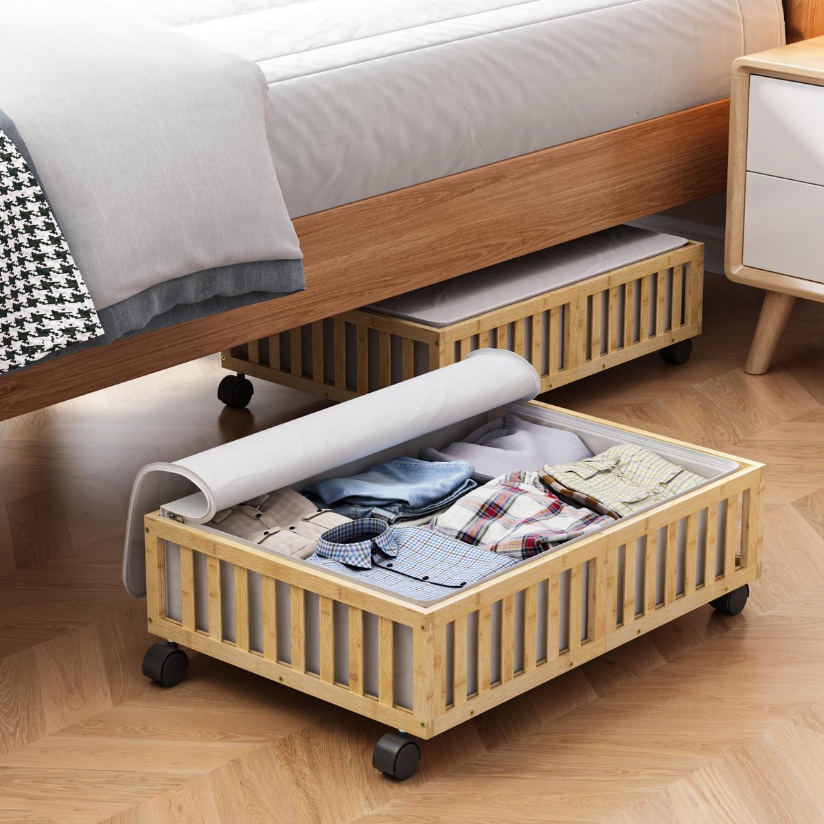 SnelShoppen - Bamboe opbergcontainers voor onder het bed met wielen, 2 stuks, houten rollende onderbedladen, tasorganizer voor slaapkamer, opbergbakke