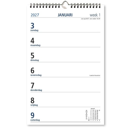 Kalenderpagina voor januari 2027, week 1, met dagen van zondag tot zaterdag, zon op 8:47, zon onder 16:41, laatste kwartier.