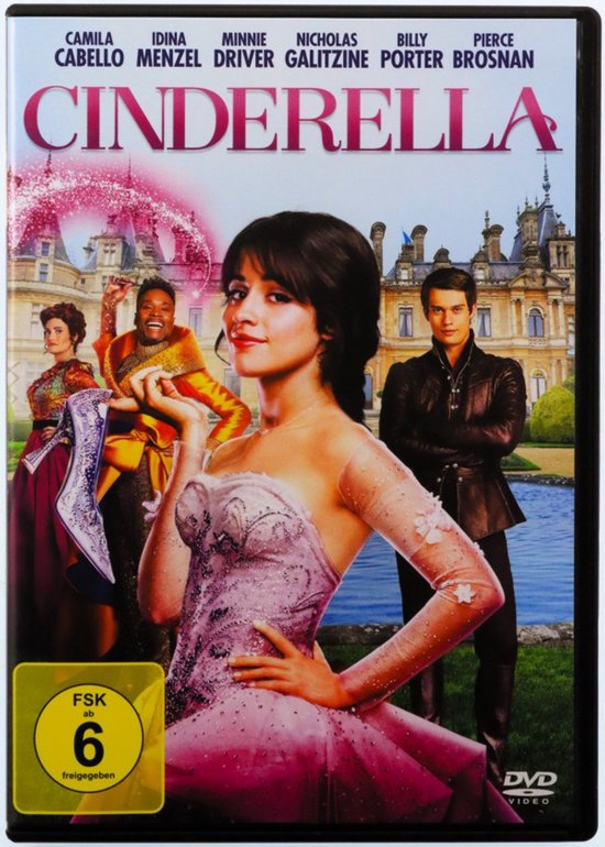 Voorzijde DVD-hoes van Cinderella, met Camila Cabello in een roze jurk, Nick Galitzine en acteurs op de achtergrond, met een kasteel.