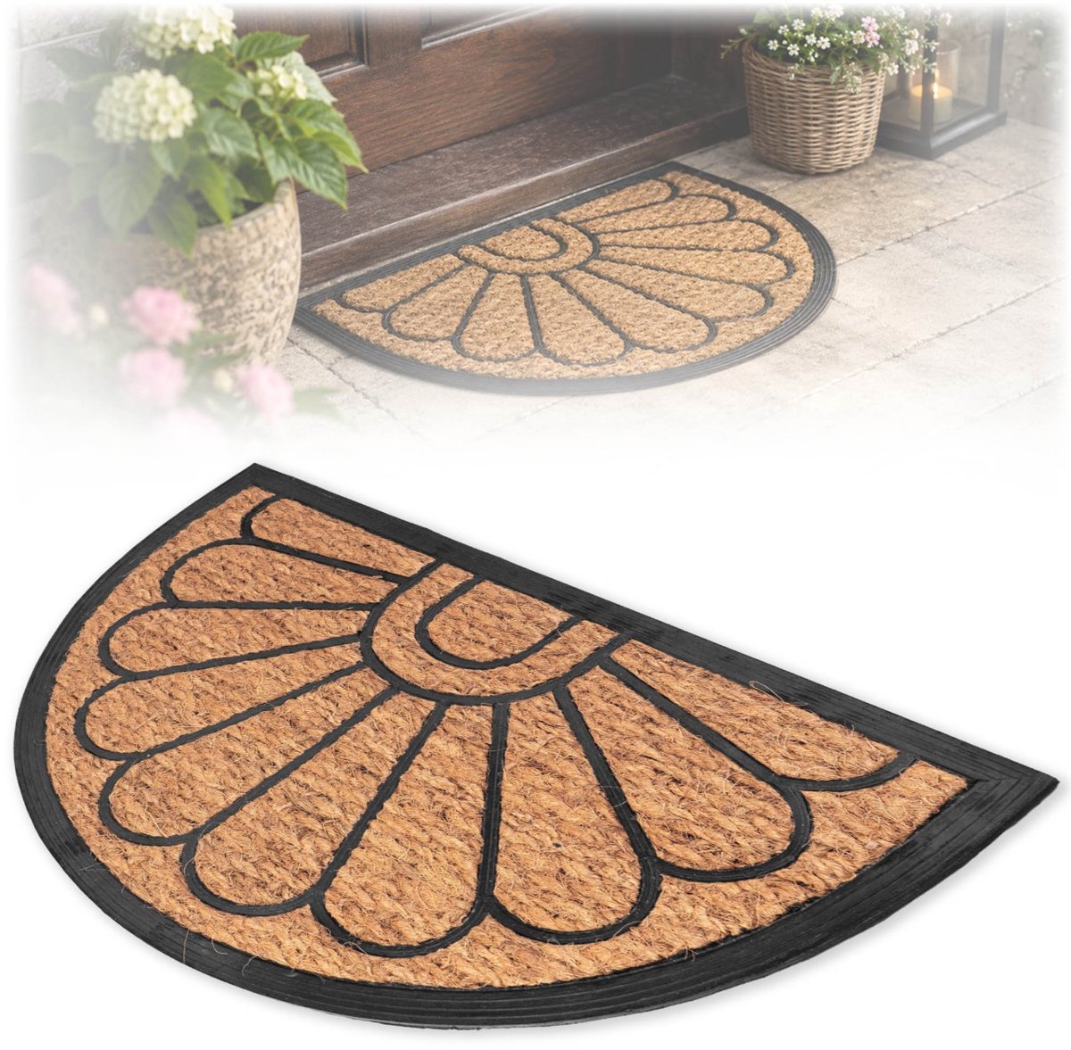 KADAX kokosmat 40 x 60 cm, halfronde deurmat van kokos en rubber, antislip deurmat voor buiten, vuilvangmat met rubberen onderkant bruin, zwart