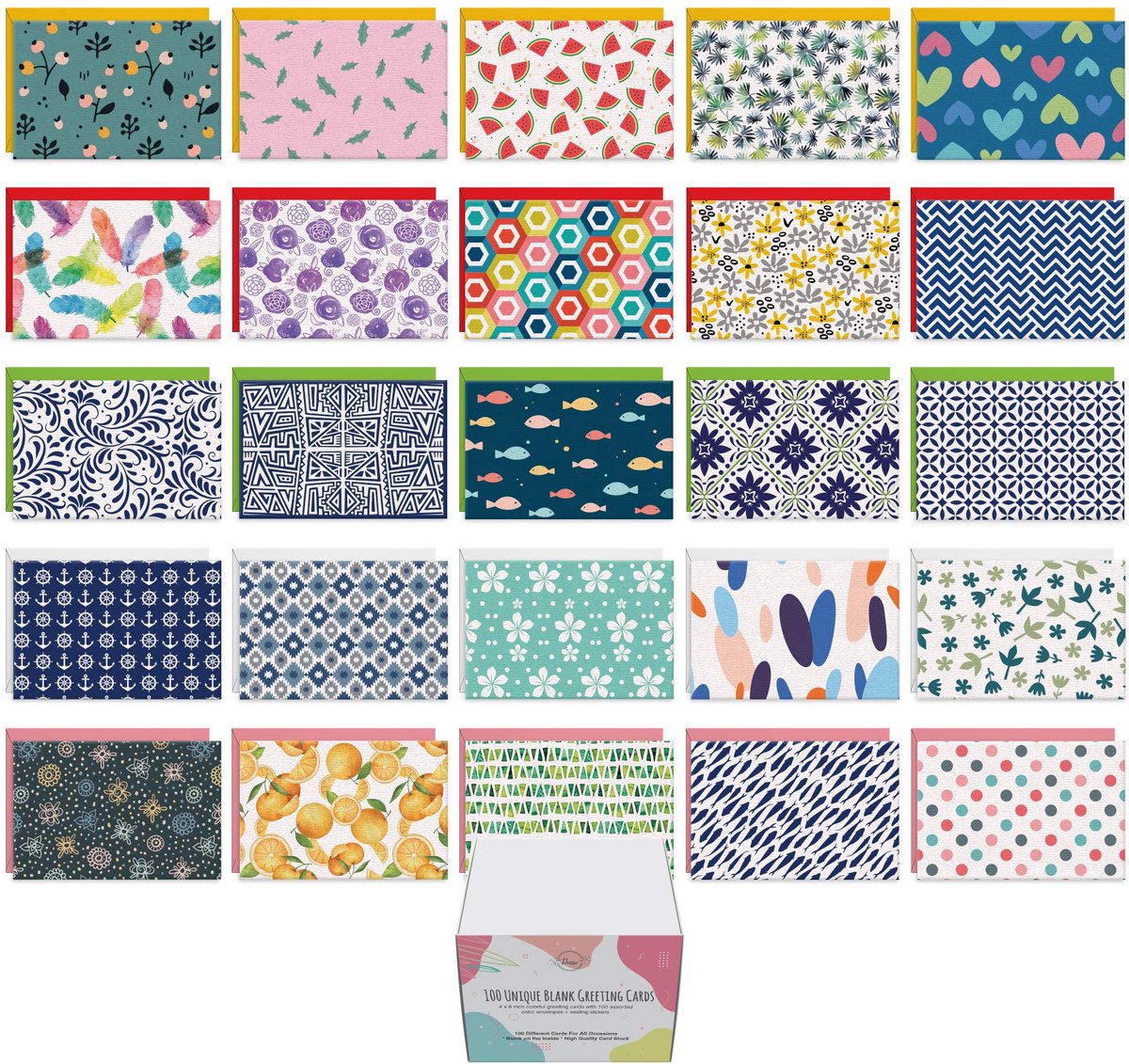 SnelShoppen - Unieke Blanco Wenskaarten Set met Gekleurde Enveloppen en Gouden Zegels - 100 Stuks 4x6 Inch voor Feestdagen, Verjaardagen, Bedankjes en