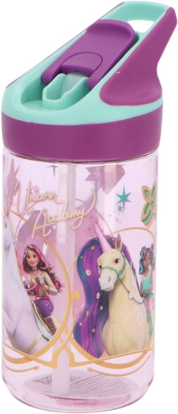 Gourde violette avec bouchon violet et turquoise, sur fond blanc. Présente une licorne et un imprimé 'Unicorn Academy'.