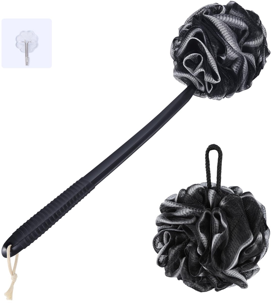 SnelShoppen - Loofah Sponsset Douche Bladerdeeg met Antislip Handgreep - Exfoliërende Lichaamsschrobber met Zachte PE Mesh Badspons - 43 cm Luffa-Zwar